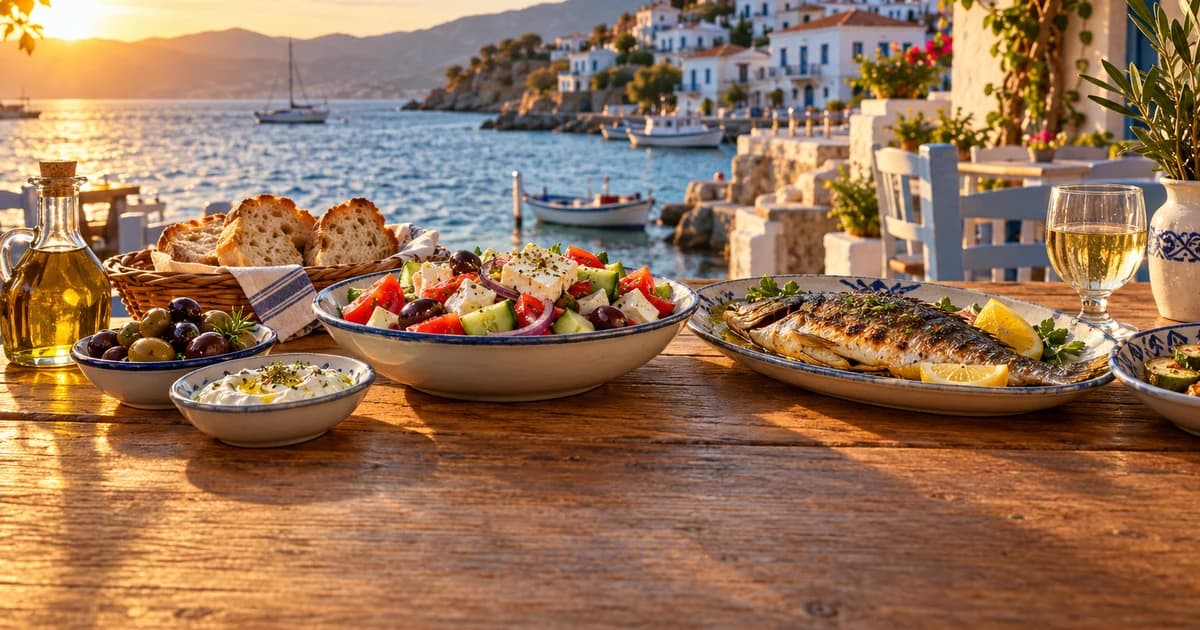 Illustration of a seaside Greek taverna terrace