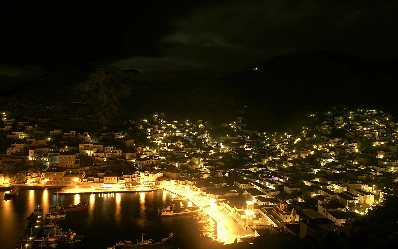 Hydra Harbour at night