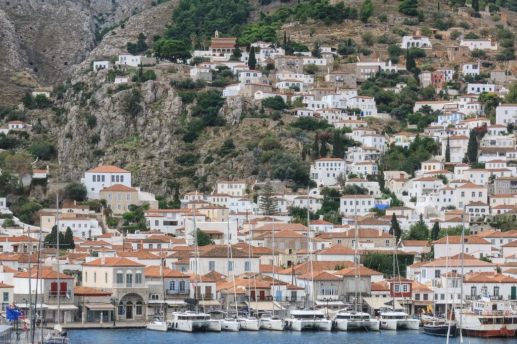 White houses clinging to the slopes, Hydra