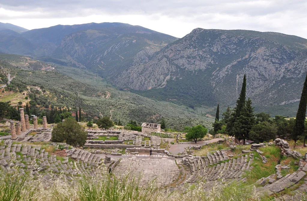 Delphi: the Amphitheatre, temple of Apollo and the treasury of the Athenians