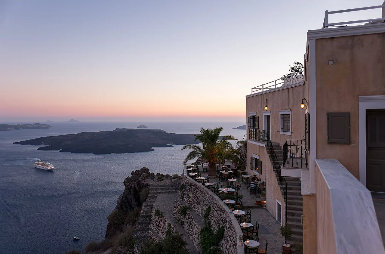 Restaurant at sunset, Fira, Santorini, Greece (approx. GPS location) julesvernex